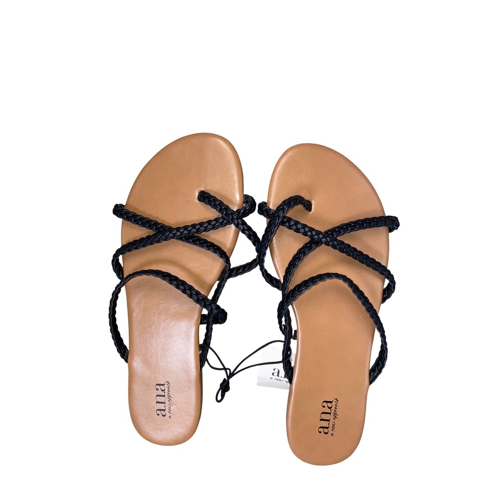 a.n.a Strappy Braided Thong Sandals Black Flat Gladiator Sandals Womens 8M NEW